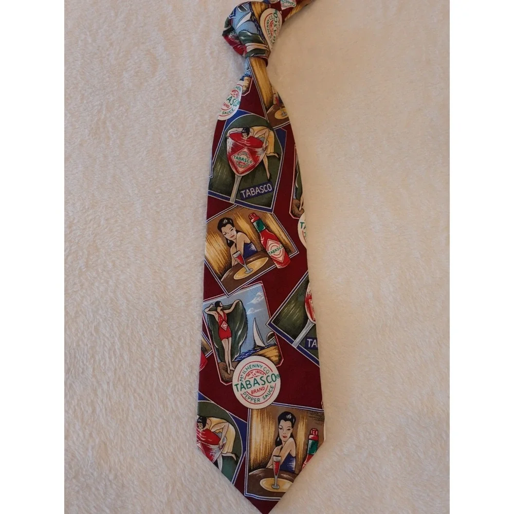 Tabasco Men's Silk Tie Novelty Print‎ Made In USA Vintage lady dancing bottle